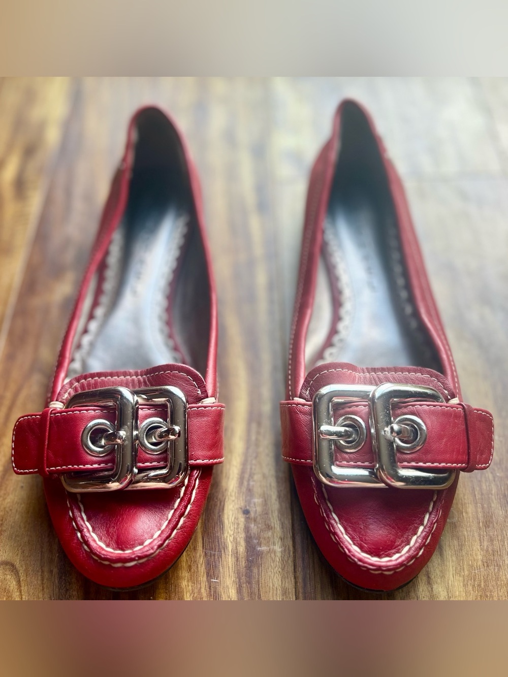 Leather loafers, Michael brand, red buckle detail moccasin Women’s size 6